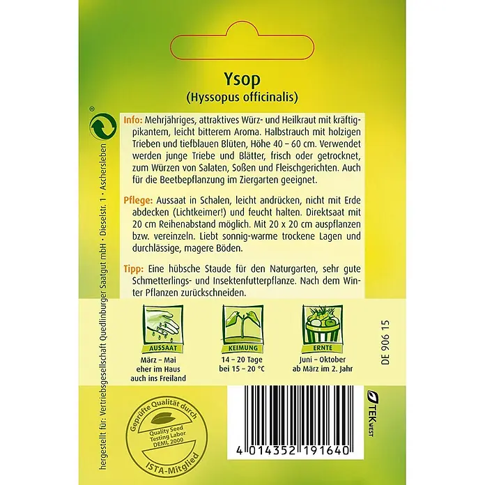 Quedlinburger SAATGUT Ysop -  - Samenpäckchen für Ysop (Hyssopus officinalis) mit Pflanzeninformationen, Symbolen und Barcode.