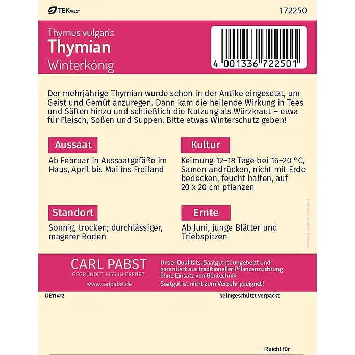 Pabst Keimkraft Kräutersamen Thymian - Thymus vulgaris, Saatzeit: Februar, Erntezeit: Juni - Samenpackung für Thymian Winterkönig (Thymus vulgaris) mit Anweisungen und Barcode.