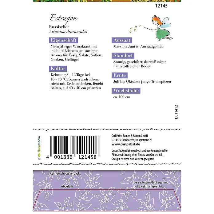 Grüne Fee Kräutersamen Estragon - Artemisia dracunculus L., Saatzeit: März, Erntezeit: Juli - Samenpäckchen für Russischen Estragon mit Anbauhinweisen, Pflanzeneigenschaften und einer kleinen Feenillustration.