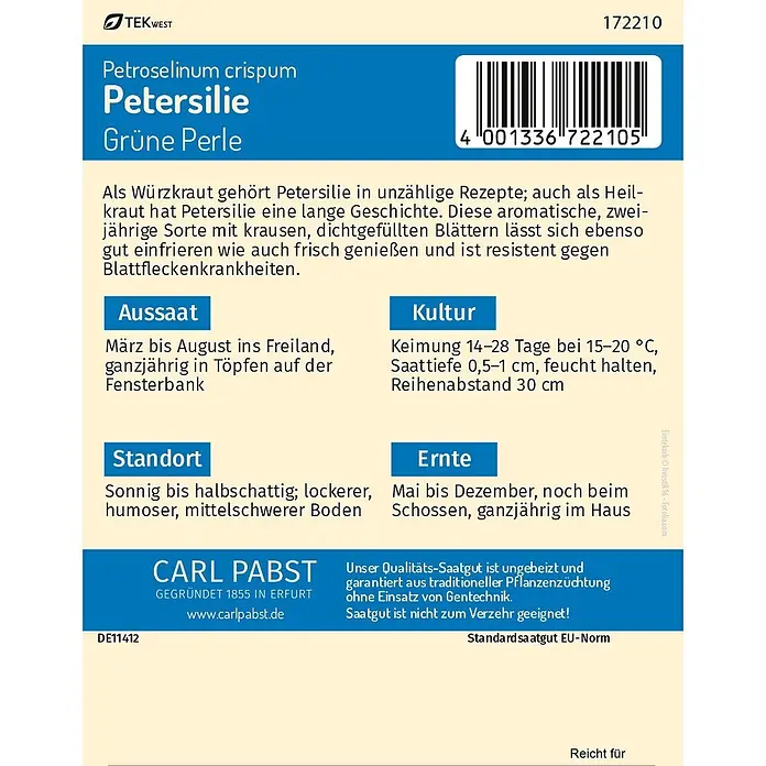Pabst Keimkraft Kräutersamen Petersilie - Petroselinum crispum (Miller) Nyman ex A. W. Hill, Saatzeit: März, Erntezeit: Mai - Samenpackung für Petersilie 'Grüne Perle' mit Anbauinformationen.