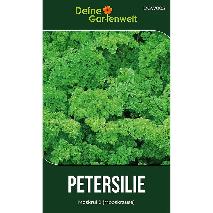 Deine Gartenwelt Petersilie Mooskrause 2 -  - Samenpaket für Petersilie Moskrul 2 (Mooskrause) mit einem Bild von frischer krauser Petersilie.