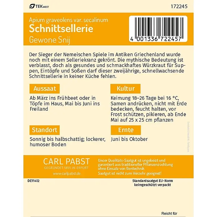 Pabst Keimkraft Schnittsellerie aromatisch & ertragreich Gewone Snij -  - Schnittsellerie Samenpackung mit Kulturanleitung, botanischem Namen und Barcode.
