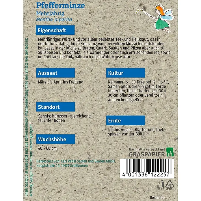 Grüne Fee Kräutersamen Pfefferminze - Mentha x piperita, Saatzeit: März, Erntezeit: Juli - Hellebraune Graspapier-Samentüte für Pfefferminze mit Anbauanleitung und kleiner Feenillustration.
