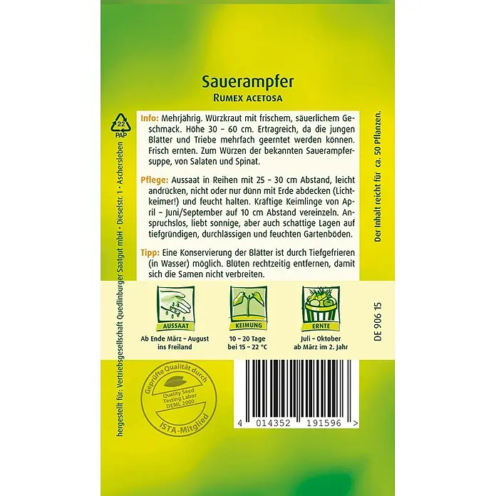 Quedlinburger SAATGUT Sauerampfer -  - Grün-gelbes Sauerampfer-Samenpäckchen mit Pflanzinformationen und Barcode.