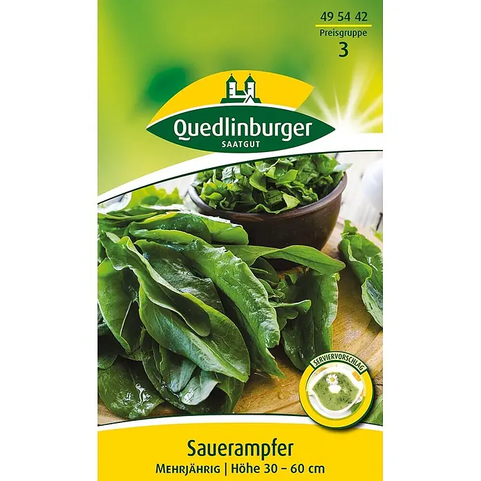 Quedlinburger SAATGUT Sauerampfer -  - Quedlinburger Sauerampfer-Saatgutpackung mit frischen grünen Blättern und Serviervorschlag. Mehrjährige Pflanze, Höhe 30-60 cm.