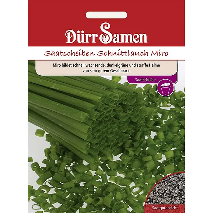Dürr Samen Kräutersamen Schnittlauch - Allium schoenoprasum, Saatzeit: April, Erntezeit: Ganzjährig - Schnittlauch-Saatgutverpackung mit frischen und gehackten grünen Schnittlauchhalmen und Samenansicht.