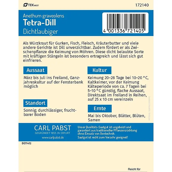 Pabst Keimkraft Kräutersamen Dill - Anethum graveolens var. hortorum, Saatzeit: März, Erntezeit: Mai - Samentüte für Tetra-Dill, mit Produktinformationen, Barcode und blau-beigem Design.