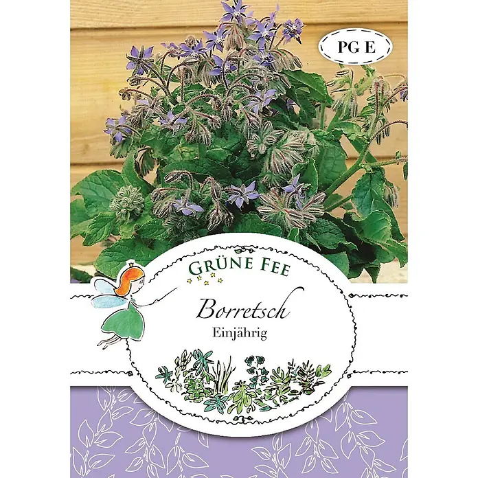 Grüne Fee Kräutersamen Borretsch - Borago officinalis L., Saatzeit: März, Erntezeit: Mai - Samenpaket für Borretsch mit blau blühender Pflanze und Text „Grüne Fee Borretsch Einjährig“.