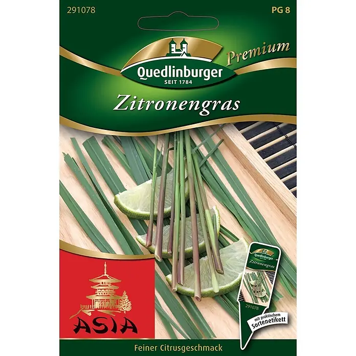 Quedlinburger SAATGUT Kräutersamen Zitronengras - Cymbopogon citratus, Saatzeit: Ganzjährig, Erntezeit: Ganzjährig - Grünes Quedlinburger Zitronengras-Samenpaket mit Goldakzenten, zeigt Stängel und Limetten. Beschriftung: "Premium" und "Feiner Citrusgeschmack".