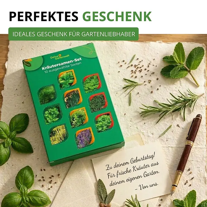 Deine Gartenwelt Kräutersamen-Set mit 10 Sorten -  - Grünes Kräutersamen-Set mit 10 Sorten, umgeben von frischen Kräutern und Geschenkkarte, als ideales Geschenk für Gartenliebhaber.