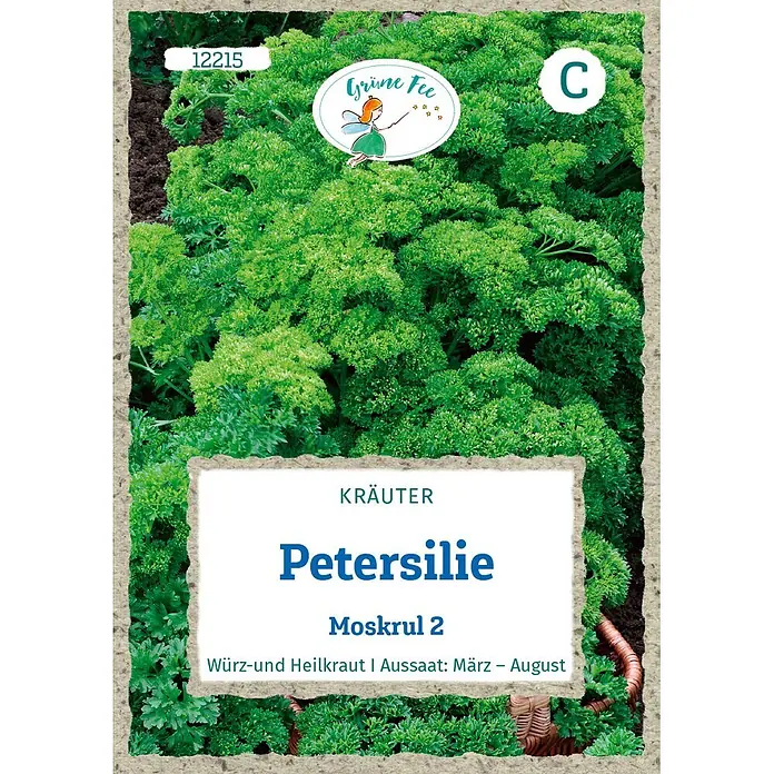 Grüne Fee Kräutersamen Petersilie - Petroselinum crispum, Saatzeit: April, Erntezeit: Mai - Samenpäckchen für krause Petersilie 'Moskrul 2' mit Feen-Logo.