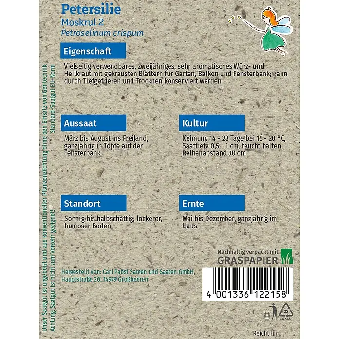 Grüne Fee Kräutersamen Petersilie - Petroselinum crispum, Saatzeit: April, Erntezeit: Mai - Samenpäckchen aus Graspapier für Petersilie Moskrul 2, mit einer Feen-Illustration.