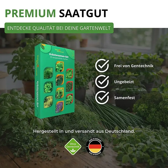 Deine Gartenwelt Kräutersamen-Set mit 10 Sorten -  - Grüne Kräutersamen-Box mit 10 Premium-Sorten, gentechnikfrei, Made in Germany, umgeben von frischen Kräutern.