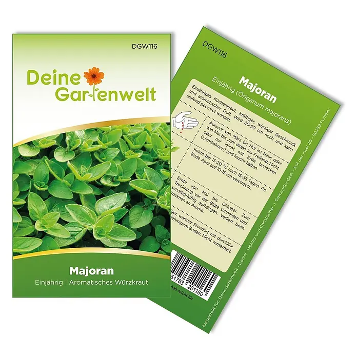 Deine Gartenwelt Majoran Einjährig -  - Grünes und weißes Majoran-Samenpäckchen mit Bild der Pflanze und Anbauanweisungen.