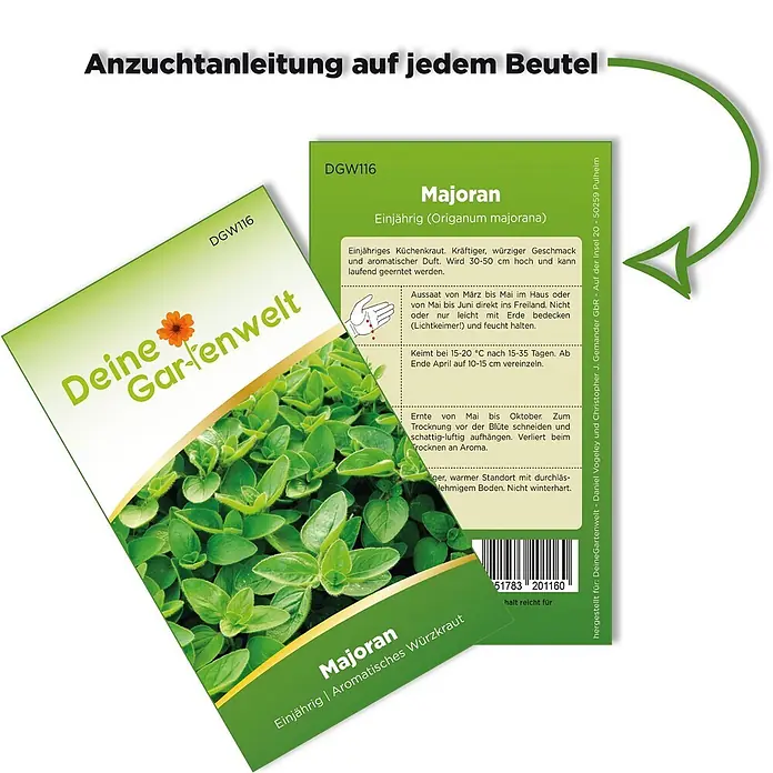 Deine Gartenwelt Majoran Einjährig -  - Grüne Majoran-Samenpackung mit Anzuchtanleitung und Abbildung der Pflanze.