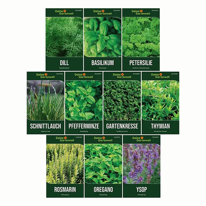 Deine Gartenwelt Kräutersamen-Set mit 10 Sorten -  - Neun Samenpäckchen für Kräuter wie Dill, Basilikum, Petersilie, Schnittlauch und Rosmarin.