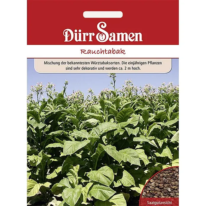 Dürr Samen Rauchtabak Mischung -  - Dürr Samen Rauchtabak Samenpackung mit blühenden Tabakpflanzen und Detailansicht der Samen.