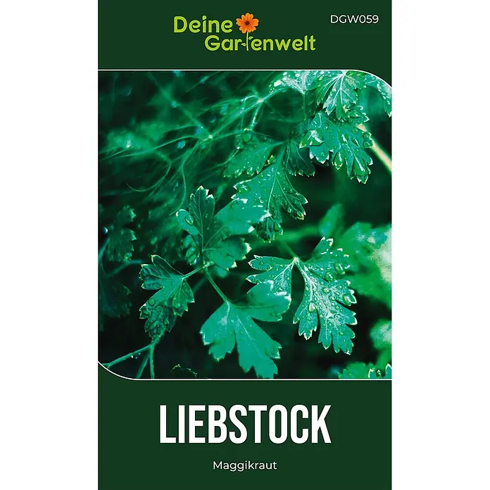 Deine Gartenwelt Kräutersamen Liebstöckel - Levisticum officinale, Saatzeit: Februar, Erntezeit: Mai - Grünes Samenpaket für Liebstöck (Maggikraut) mit Nahaufnahme von frischen, feuchten Blättern und Produktinformationen.