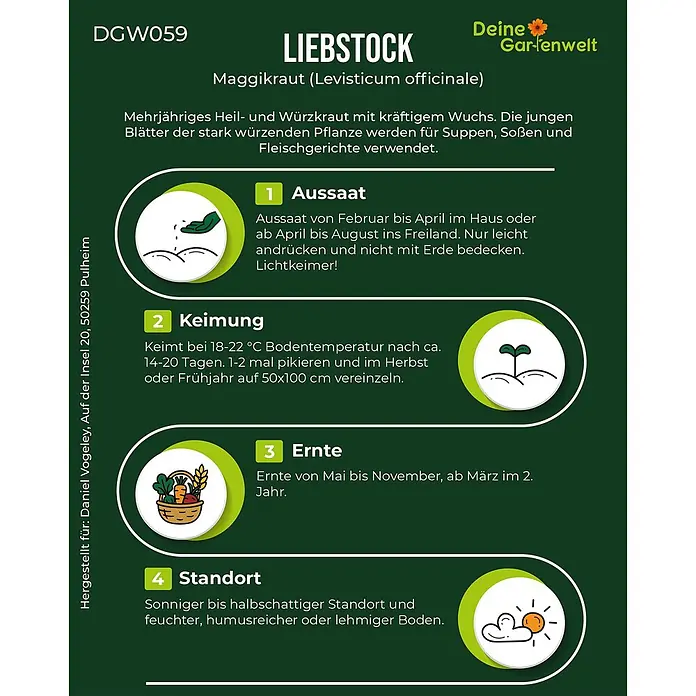 Deine Gartenwelt Kräutersamen Liebstöckel - Levisticum officinale, Saatzeit: Februar, Erntezeit: Mai - Informationsgrafik zur Kultivierung von Liebstöckel (Levisticum officinale) mit Aussaat, Keimung, Erntezeiten und Standort.