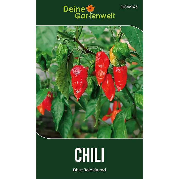 Deine Gartenwelt Gemüsesamen Chili - Capsicum chinense, Erntezeit: Juli - Dunkelgrüne Samenpackung für Bhut Jolokia rote Chili, mit Bild von leuchtend roten und grünen Chilis an einer Pflanze, mit "CHILI"-Text.