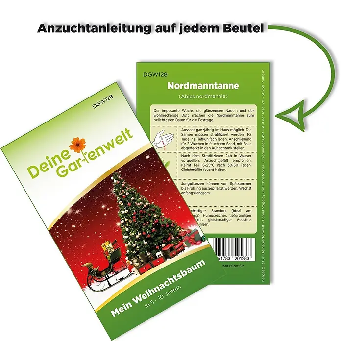 Deine Gartenwelt Nordmanntanne -  - Aussaat-Anleitung für Nordmanntannen-Samen auf einem grünen Päckchen mit Weihnachtsbaum-Motiv.