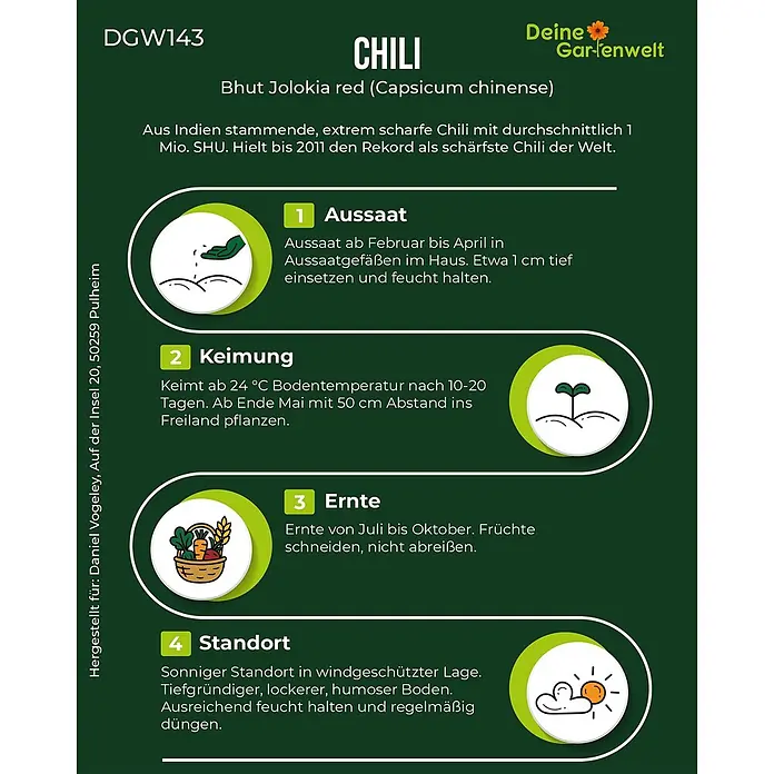 Deine Gartenwelt Gemüsesamen Chili - Capsicum chinense, Erntezeit: Juli - Illustrierte Anleitung zum Anbau von Bhut Jolokia roten Chilis, mit Schritten für Aussaat, Keimung, Ernte und Standort.