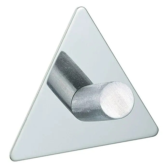 Wenko Klebehaken Triangolo - 2 Stk., Edelstahl - Ein silberner dreieckiger Wandhaken mit einem zylindrischen Haken daran.