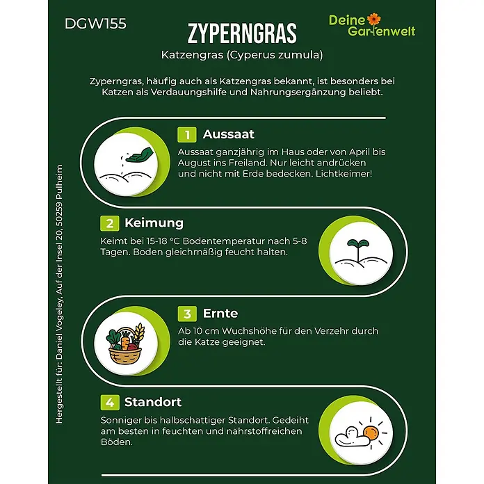 Deine Gartenwelt Zyperngras -  - Informationsblatt für Zyperngras (Katzengras) mit Anleitungen zu Aussaat, Keimung, Ernte und Standort.