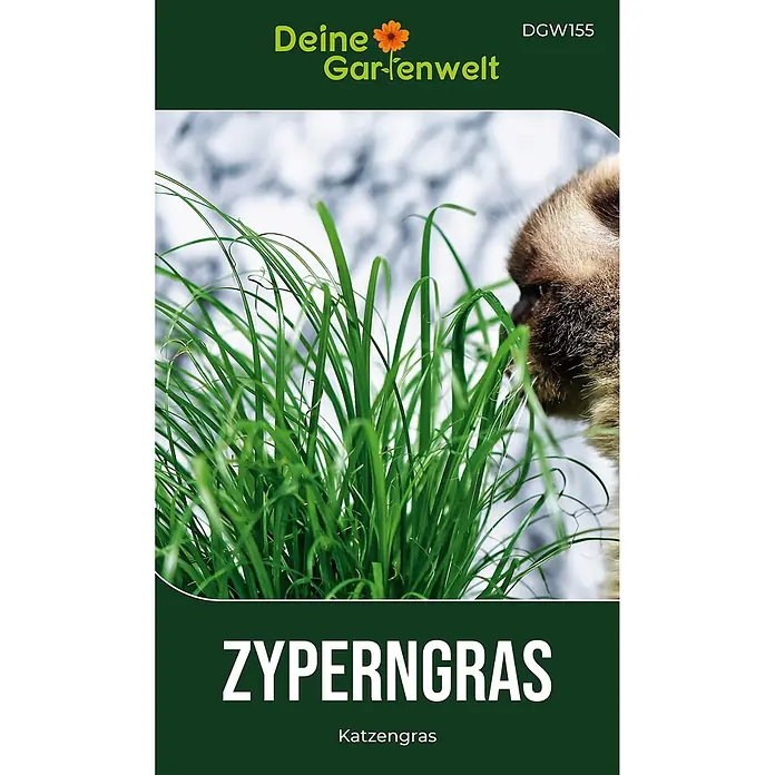 Deine Gartenwelt Zyperngras -  - Grünes Paket Katzengras (Zyperngras) mit Bild von frischem Gras und Katze.