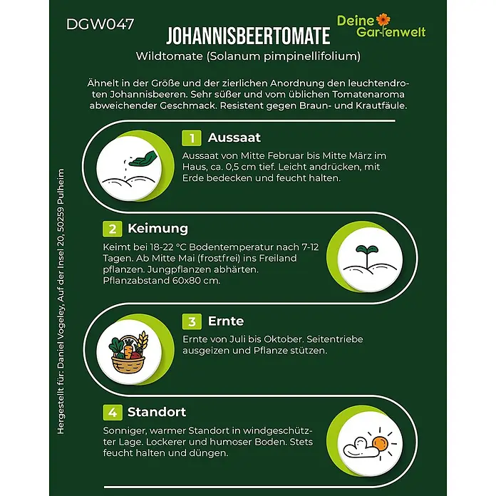 Deine Gartenwelt Johannisbeertomaten -  - Gartenanleitung für Johannisbeertomaten mit Schritten zu Aussaat, Keimung, Ernte und Standort.