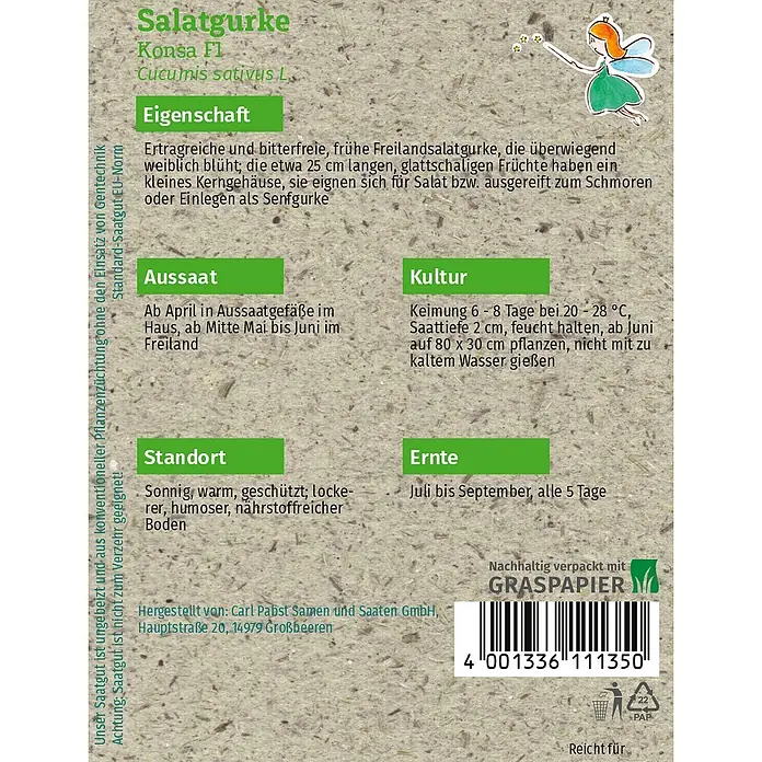 Grüne Fee Gemüsesamen Gurke - Cucumis sativus L., Erntezeit: Juli - Samenpackung für Salatgurke 'Konsa F1' aus Graspapier mit Anbauinformationen und Barcode.