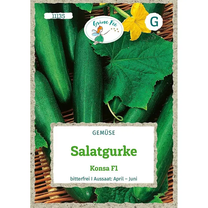 Grüne Fee Gemüsesamen Gurke - Cucumis sativus L., Erntezeit: Juli - Samenpäckchen 'Salatgurke Konsa F1' mit Gurkenbild, 'Grüne Fee' Logo, bitterfrei, Aussaat April-Juni.