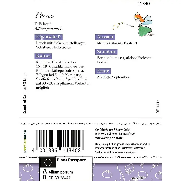 Grüne Fee Gemüsesamen Porree - Allium porrum, Erntezeit: September - Deutscher Saatgutbeutel für Porree 'D'Elbeuf' mit deutschen Pflanzanleitungen, Barcode und Pflanzenpass-Details.
