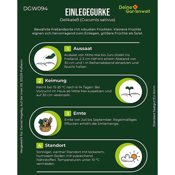 Deine Gartenwelt Salat- und Einlegegurken Delikateß -  - Informationskarte für Einlegegurke 'Delikateß' Samen, mit Anweisungen zu Aussaat, Keimung, Ernte und Standort.