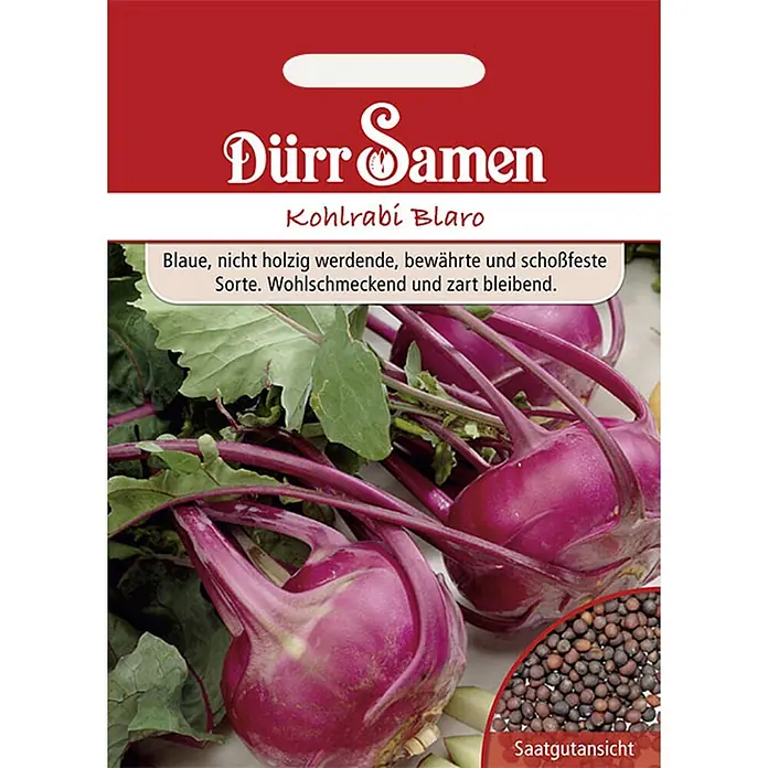 Dürr Samen Gemüsesamen Kohlrabi - Brassica oleracea, Erntezeit: Juni - Saatguttüte für Dürr Samen Kohlrabi Blaro, zeigt reife lila Kohlrabiknollen und eine kleine Ansicht der Samen.