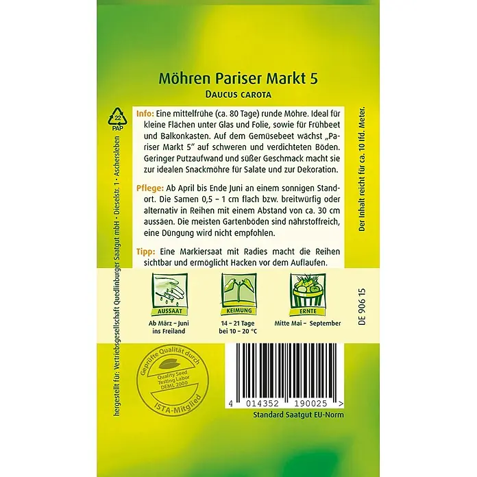 Quedlinburger SAATGUT Möhren Pariser Markt 5 -  - Gelb-grüne Samenpackung für Karotten 'Möhren Pariser Markt 5', mit Pflanzanweisungen und Barcode.