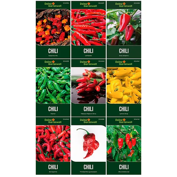 Deine Gartenwelt Chilisamen-Set mit 9 Sorten -  - Ein Raster von neun Bildern mit verschiedenen Chili-Sorten, ihren Namen und Branding.