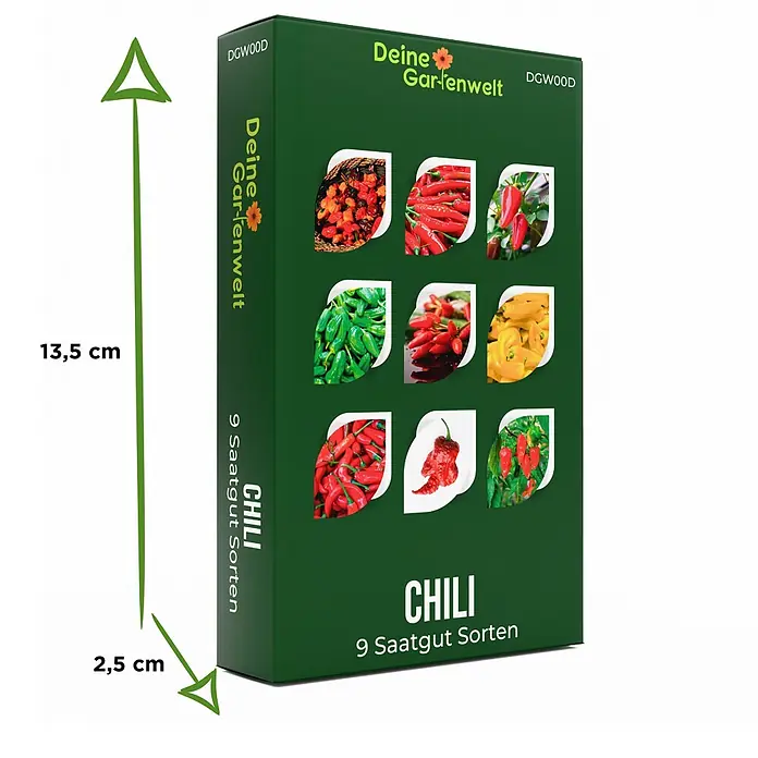Deine Gartenwelt Chilisamen-Set mit 9 Sorten -  - Dunkelgrüne Box "CHILI 9 Saatgut Sorten" mit neun Bildern von Chilischoten. Maße: 13,5 cm hoch, 2,5 cm breit.