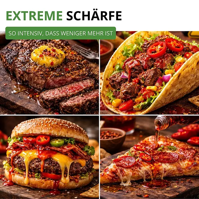 Deine Gartenwelt Chili Trinidad Moruga Scorpion -  - Collage aus vier extrem scharfen Gerichten: Steak, Taco, Burger, Pizza, die zeigen, dass weniger mehr ist.
