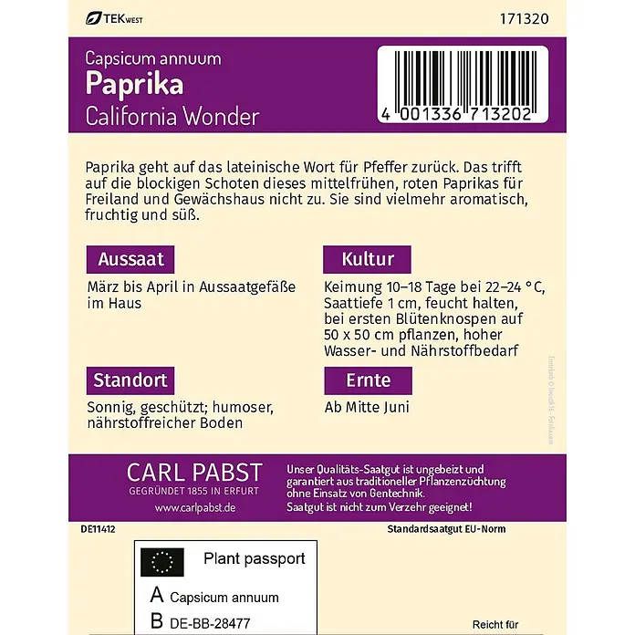 Pabst Keimkraft Gemüsesamen Paprika - Capsicum annuum, Erntezeit: Juni - Samenpackung für Paprika 'California Wonder' mit lila und beigem Design, Barcode und deutscher Anbauinfo.