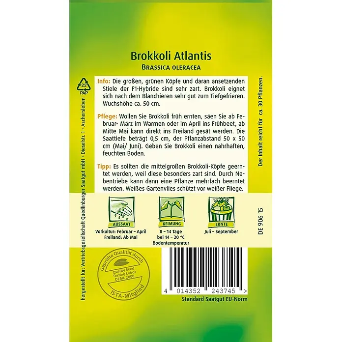 Quedlinburger SAATGUT Brokkoli Atlantis F1 -  - Brokkoli Atlantis Samenpäckchen in Grün-Gelb mit Pflanzinformationen und Barcode.