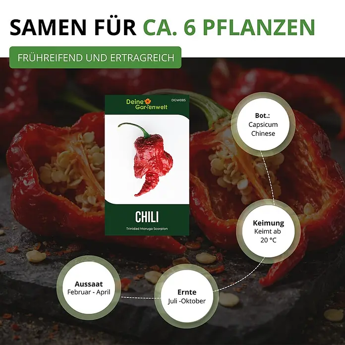 Deine Gartenwelt Chili Trinidad Moruga Scorpion -  - Informationskarte für Trinidad Moruga Scorpion Chili-Samen, zeigt eine rote Chili und Details zu Aussaat und Ernte.