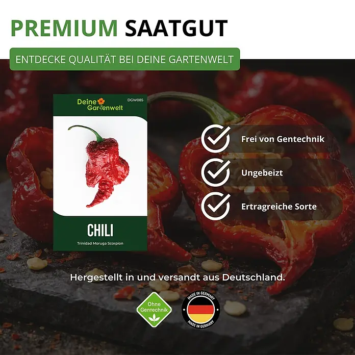 Deine Gartenwelt Chili Trinidad Moruga Scorpion -  - Saatguttüte für Trinidad Moruga Scorpion Chili, beworben als Premium, gentechnikfrei, unbehandelt und ertragreich, hergestellt in Deutschland.