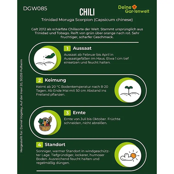 Deine Gartenwelt Chili Trinidad Moruga Scorpion -  - Infokarte für Chili 'Trinidad Moruga Scorpion' mit Anweisungen zu Aussaat, Keimung, Ernte und Standort.
