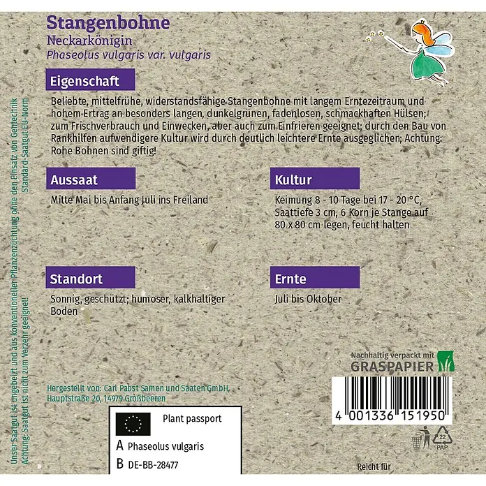 Grüne Fee Gemüsesamen Stangenbohne - Phaseolus vulgaris L. var. vulgaris, Erntezeit: Juli - Samenpäckchen für Stangenbohnen, aus Graspapier.