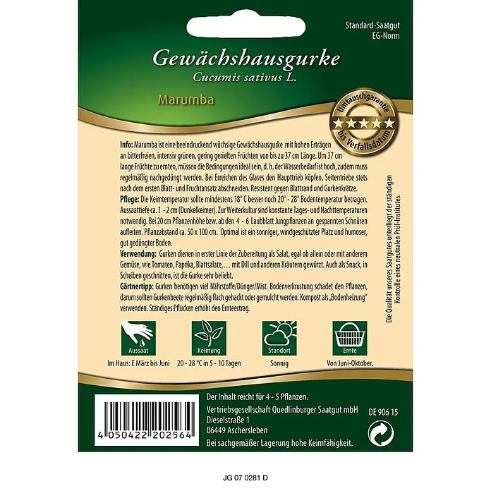 Quedlinburger SAATGUT Gewächshausgurken Marumba -  - Samentüte für Gewächshausgurke 'Marumba', grün-braunes Design mit Pflanzeninformationen und Barcode.