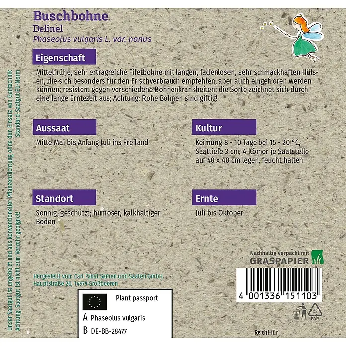 Grüne Fee Gemüsesamen Buschbohne - Phaseolus vulgaris L. var. nanus (L.) Aschers., Erntezeit: Juli - Braune Samentüte für 'Delinel' Buschbohnen, mit Pflanzeninformationen, Feenillustration, Barcode und Pflanzenpass.