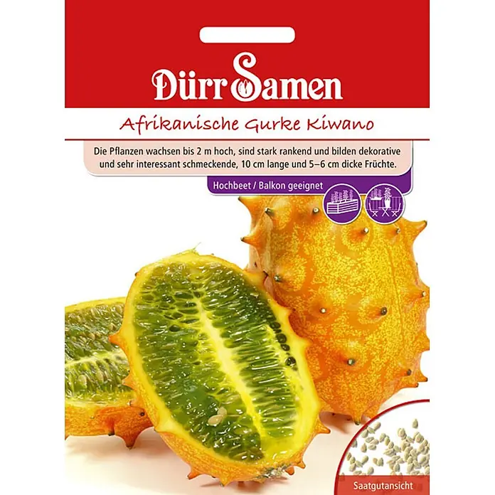 Dürr Samen Gemüsesamen Gurke - Cucumis metuliferus, Erntezeit: Juli - Samentüte für Afrikanische Gurke Kiwano mit ganzer und geschnittener Frucht und Samen.