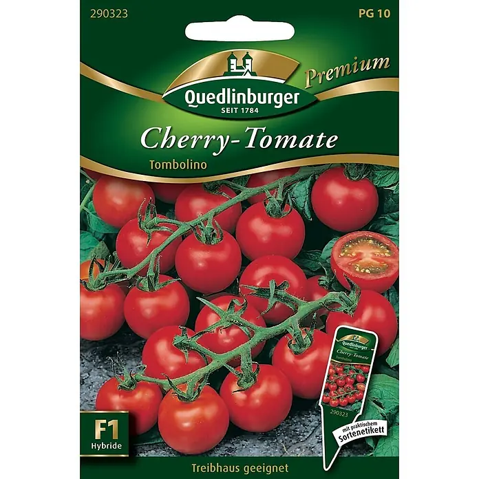 Quedlinburger SAATGUT Gemüsesamen Tomate - Lycopersicon lycopersicum, Erntezeit: Juli - Samenpackung für ‘Tombolino’ F1-Hybride Kirschtomaten, mit Abbildung roter Tomaten am Strauch.