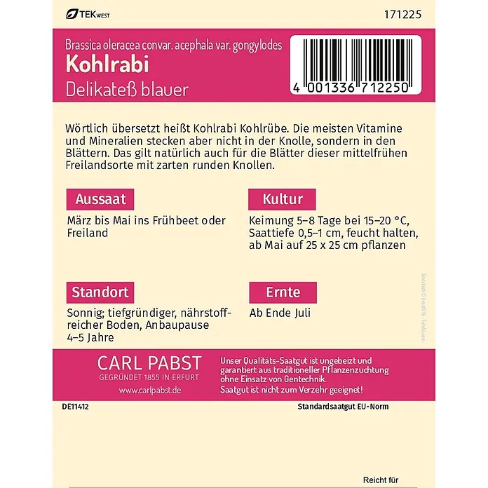 Pabst Keimkraft Gemüsesamen Kohlrabi - Brassica oleracea L. convar. acephala (DC.) Alef. var. gongylodes, Erntezeit: Juli - Samentüte für Kohlrabi 'Delikateß blauer' mit Barcode und Anbauinformationen.